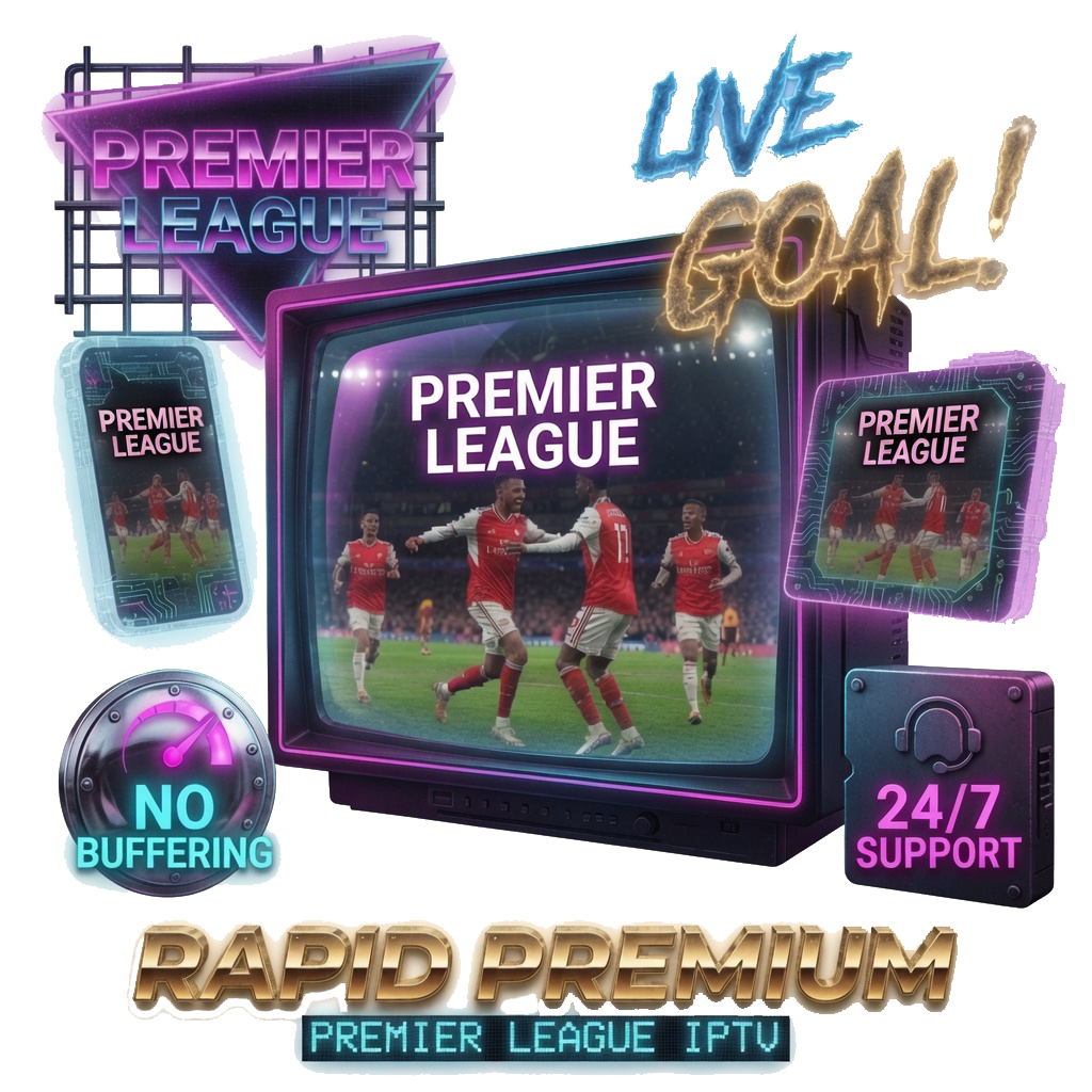 Promotional graphic for Premier League IPTV with “Live Goal!” and football players on screen, highlighting 24/7 support and no buffering.