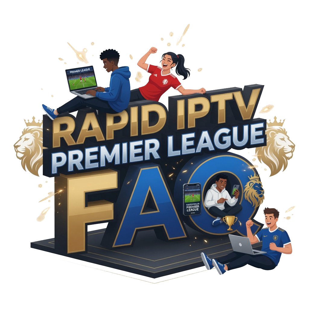 Bright logo for 'Rapid IPTV Premier League FAQ' with athletes using laptops and phones around large 3D letters and gold lions, conveying sports streaming and help.